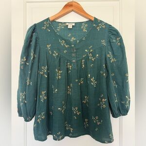 Green Floral Peasant Blouse Boho Cottagecore Puff Sleeve Top Small
